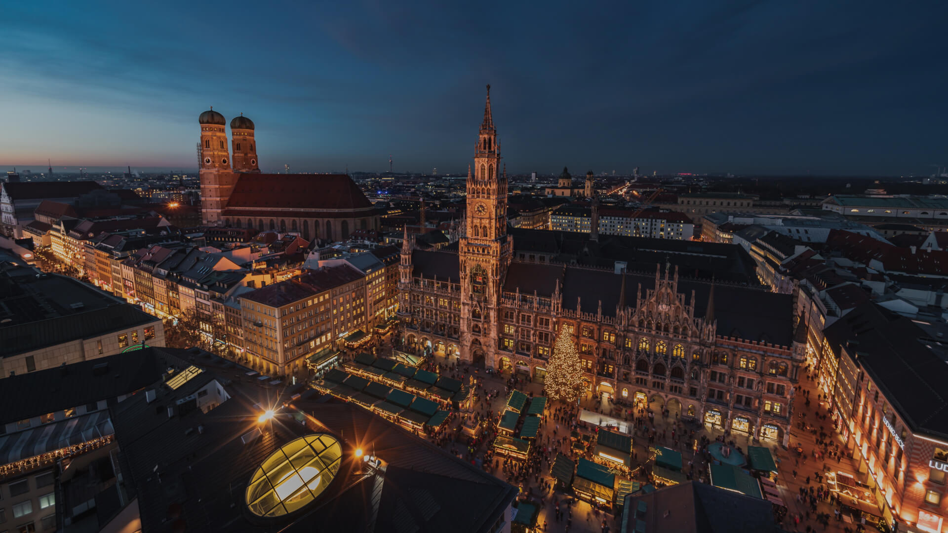 Top view of Marienplatz in Munich by night