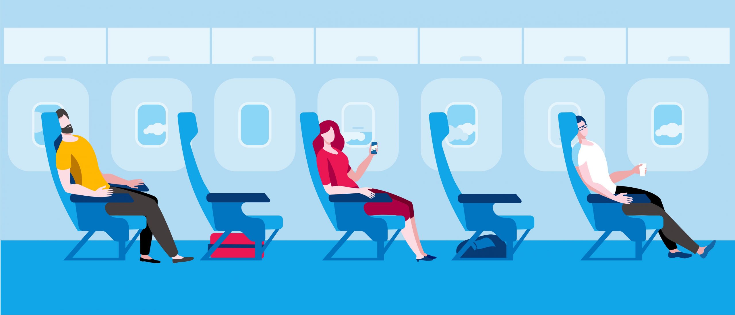 Illustrazione grafica raffigurante passeggeri seduti a bordo di un aereo