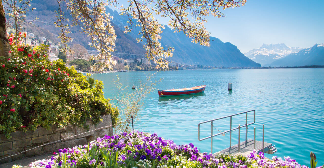 Geneva, glimpse of Lake Geneva and Montreaux, Switzerland