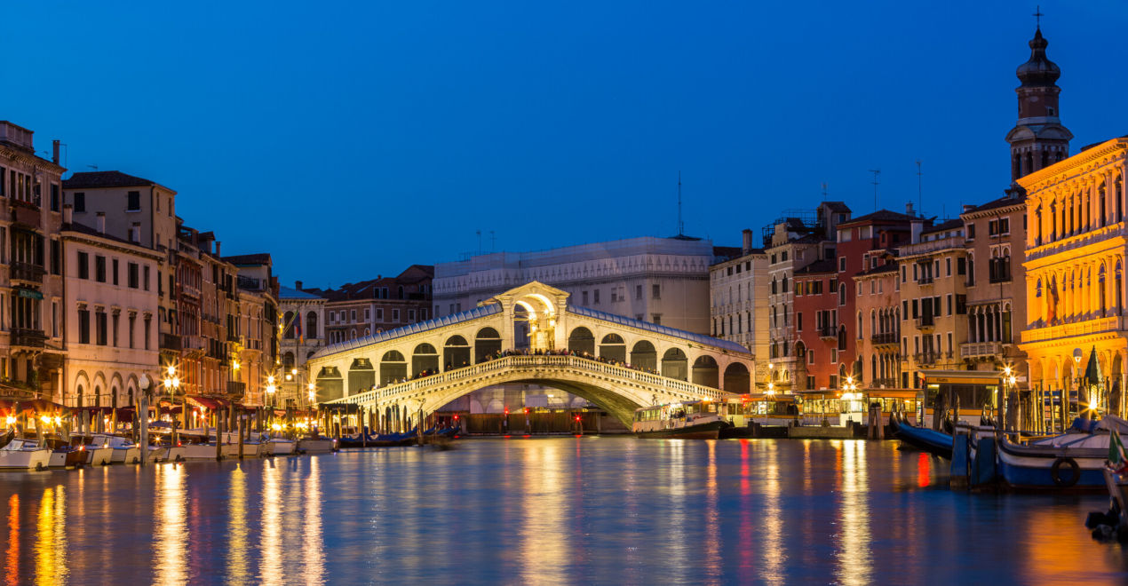 View of the Rialto Bridge, Venice, illuminated at night